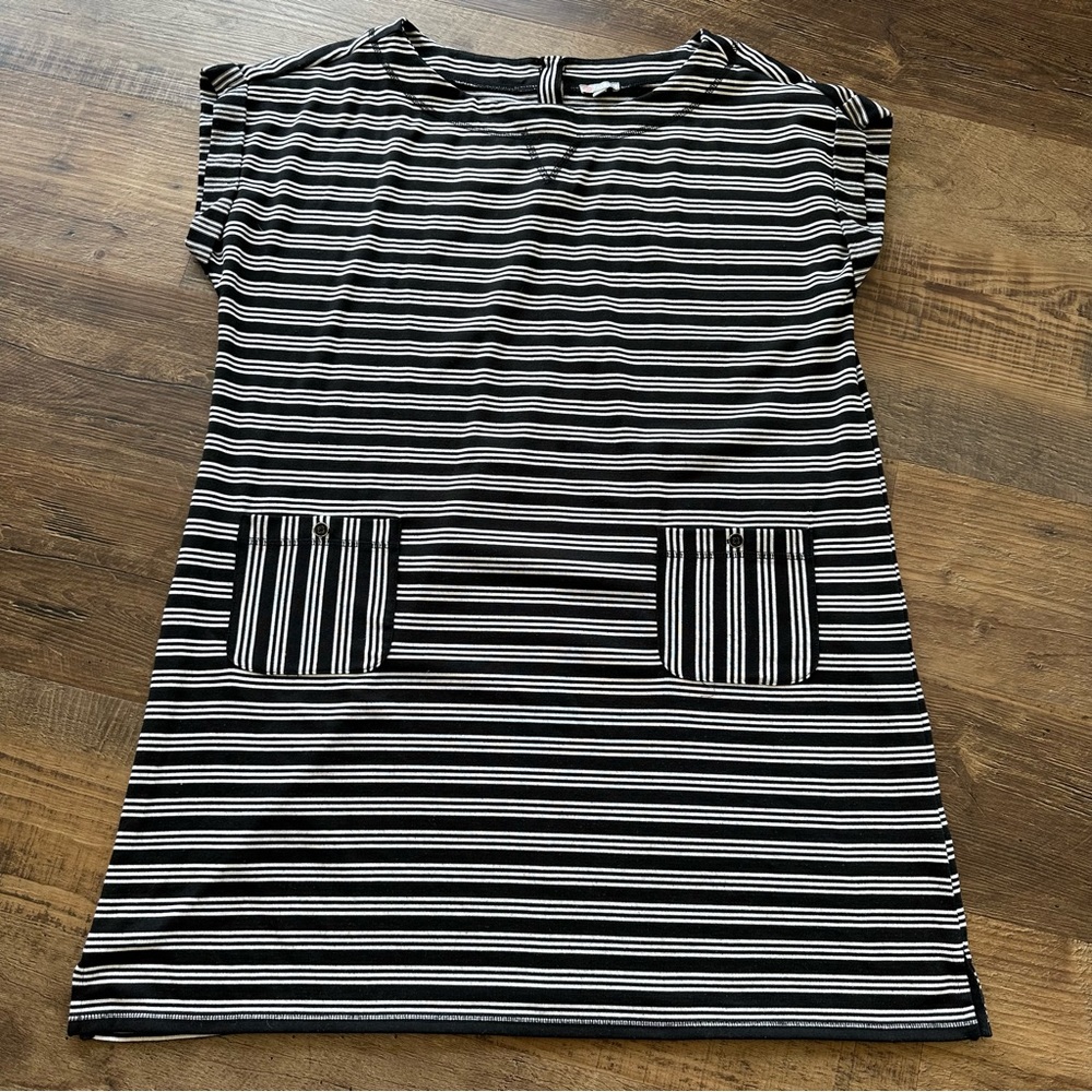 T by Talbots Women Black Casual Dress with White Stripes Size X
